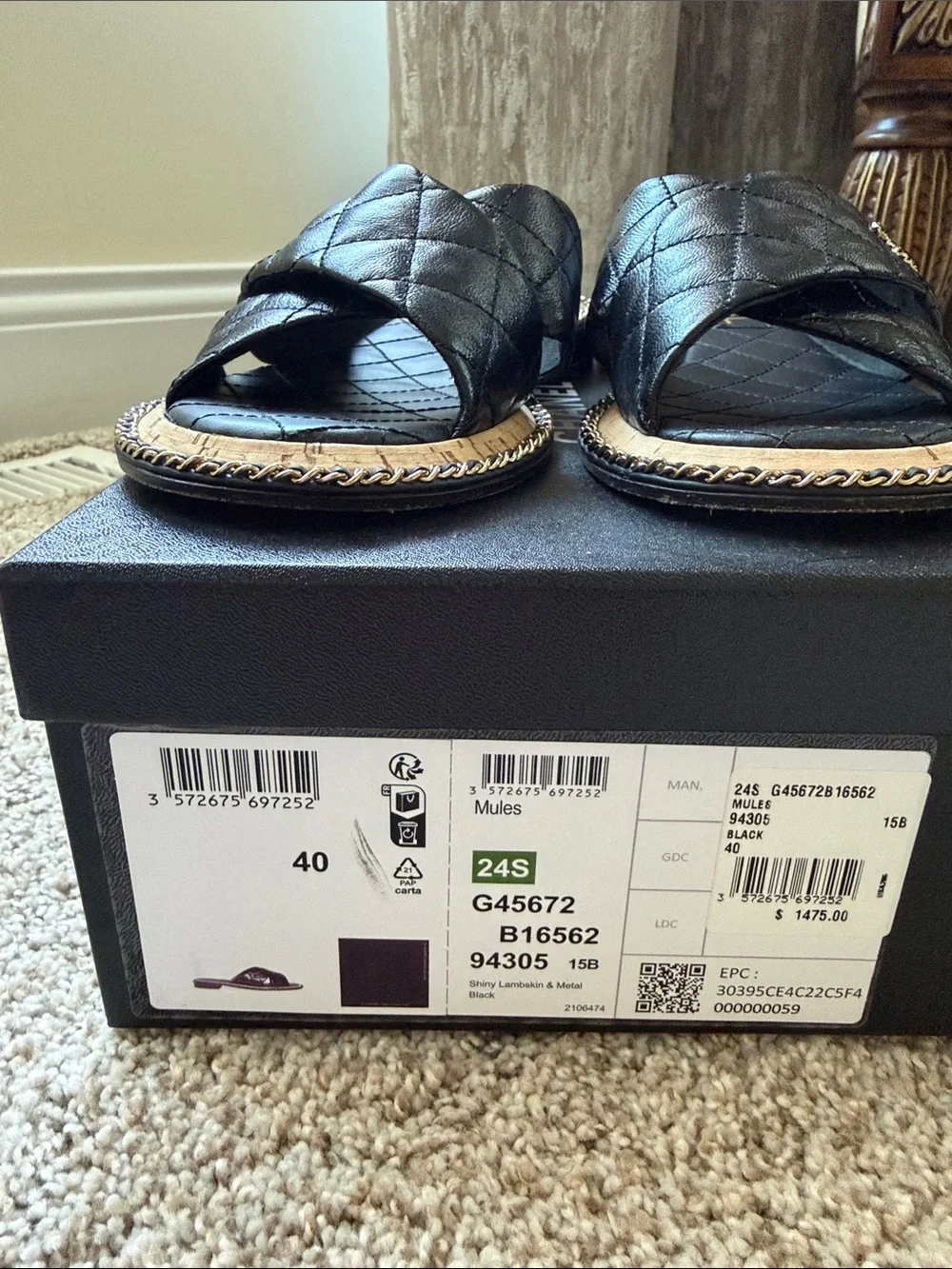 CHANEL Black Quilted Leather Crisscross Slide Mules with Chain Accent